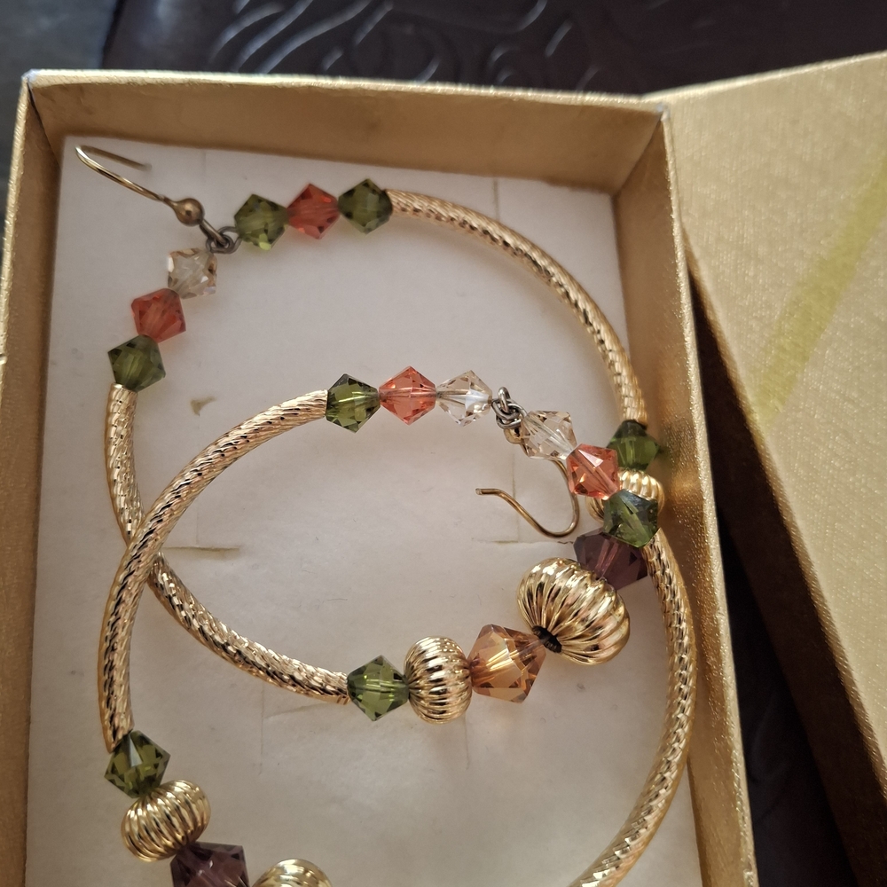 Gold Plated Hoop Earrings with Multicolor Crystal Accents